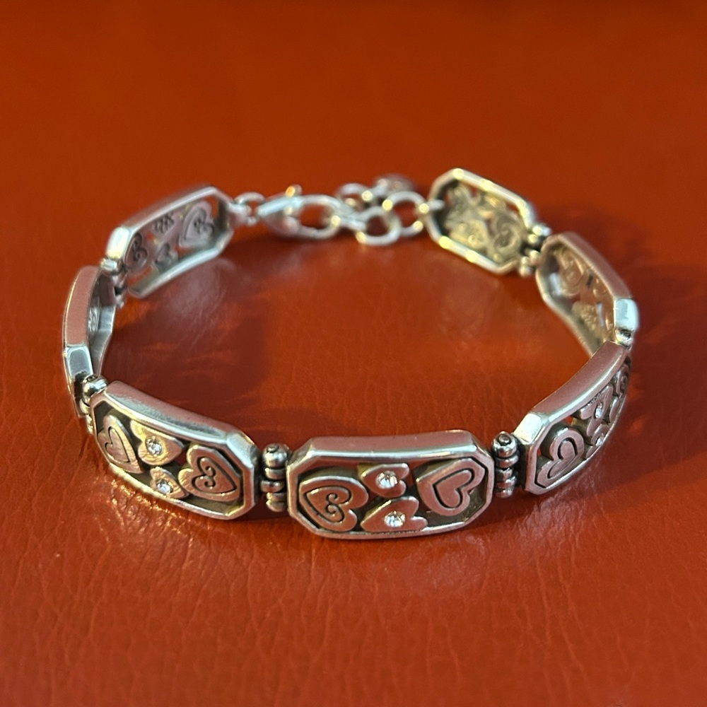 Brighton Go Lightly silver plate & crystal link heart panel bracelet. Like New!